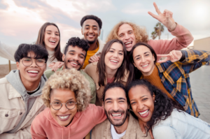 a group of friends laughing and smiling